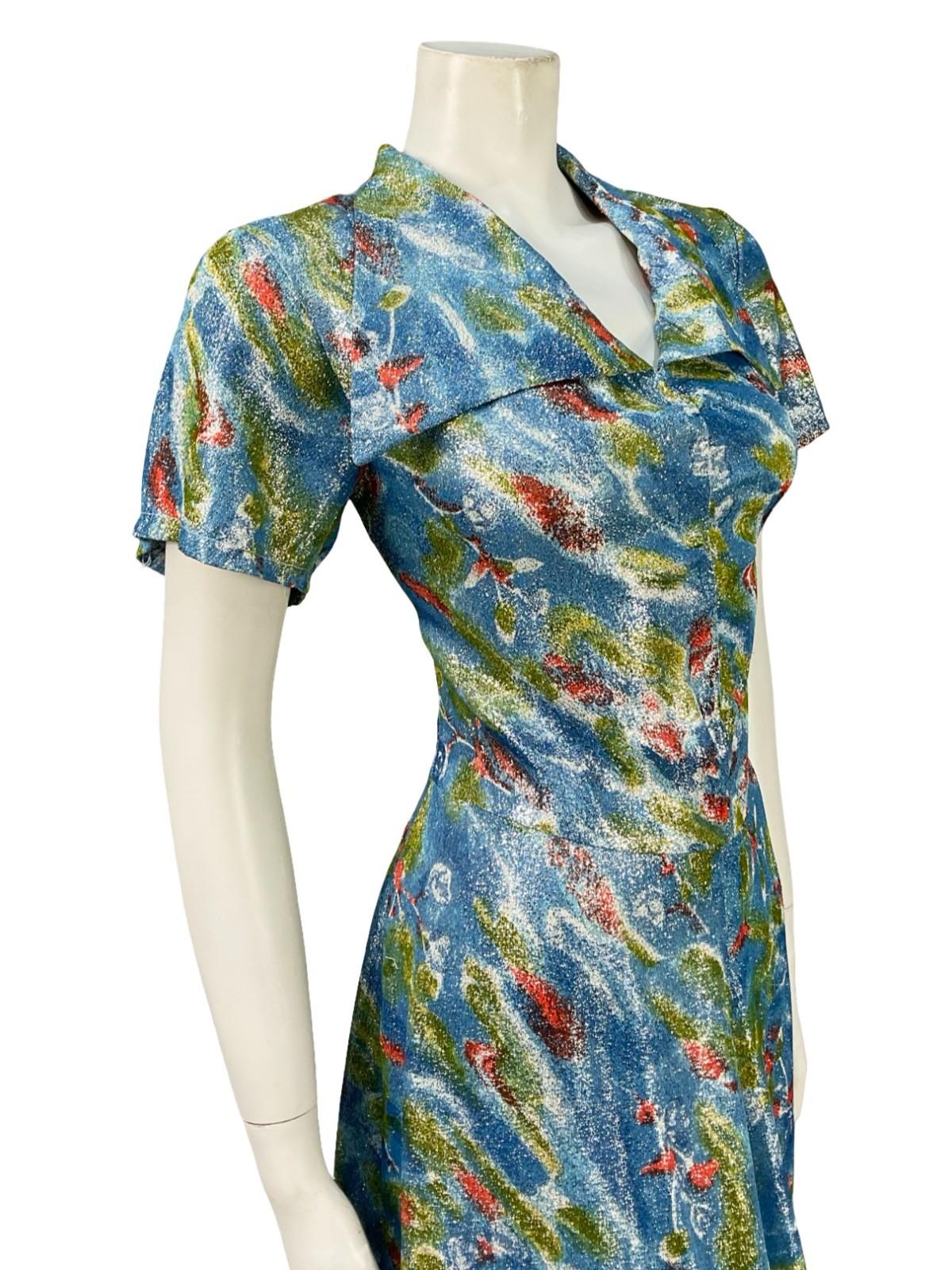 VTG 60S 70S BLUE GREEN RED ABSTRACT LUREX GLITTERY DAGGER SHIRT DRESS 14
