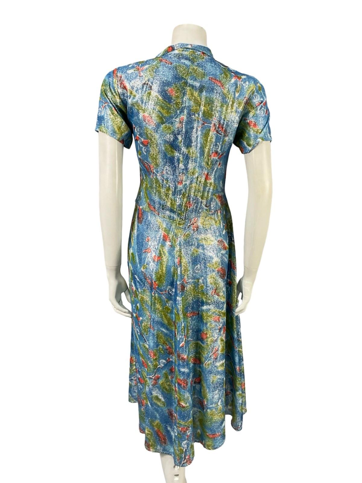 VTG 60S 70S BLUE GREEN RED ABSTRACT LUREX GLITTERY DAGGER SHIRT DRESS 14