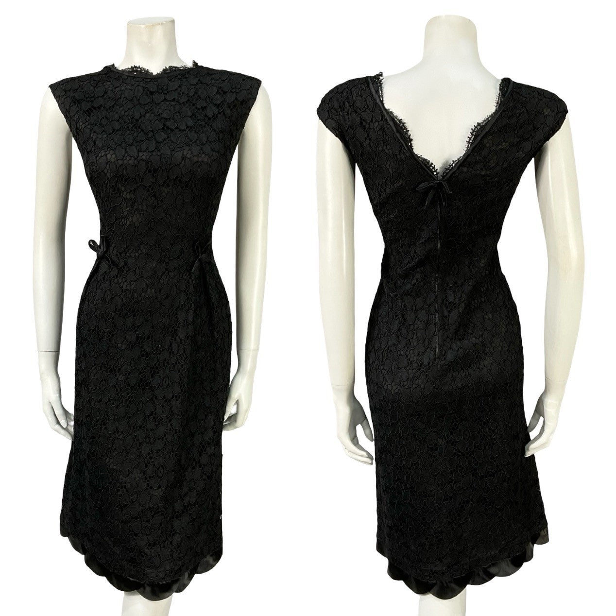 Mannequin wears a vintage 60s little black dress with a scallop trim plunge back and black lace. 