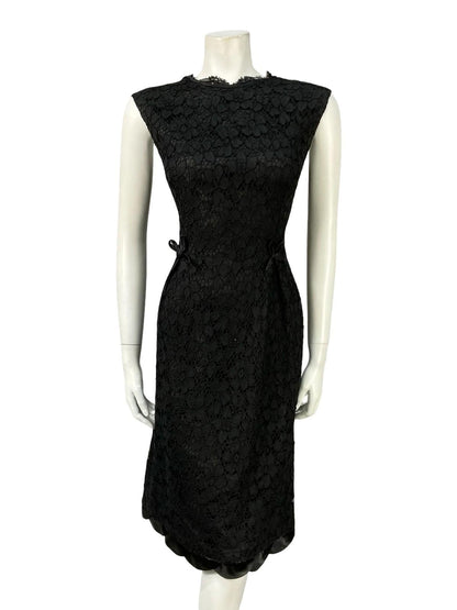 VTG 60S 70S BLACK LACE SCALLOPED BOW PLUNGING BACK PARTY MINI DRESS 12