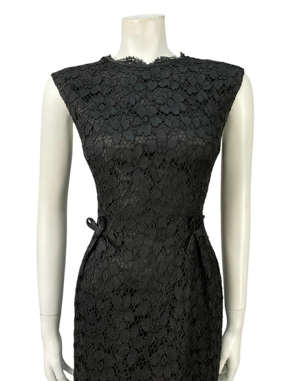 VTG 60S 70S BLACK LACE SCALLOPED BOW PLUNGING BACK PARTY MINI DRESS 12