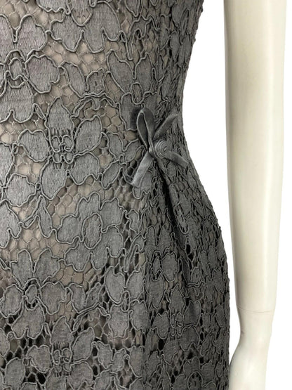 VTG 60S 70S BLACK LACE SCALLOPED BOW PLUNGING BACK PARTY MINI DRESS 12