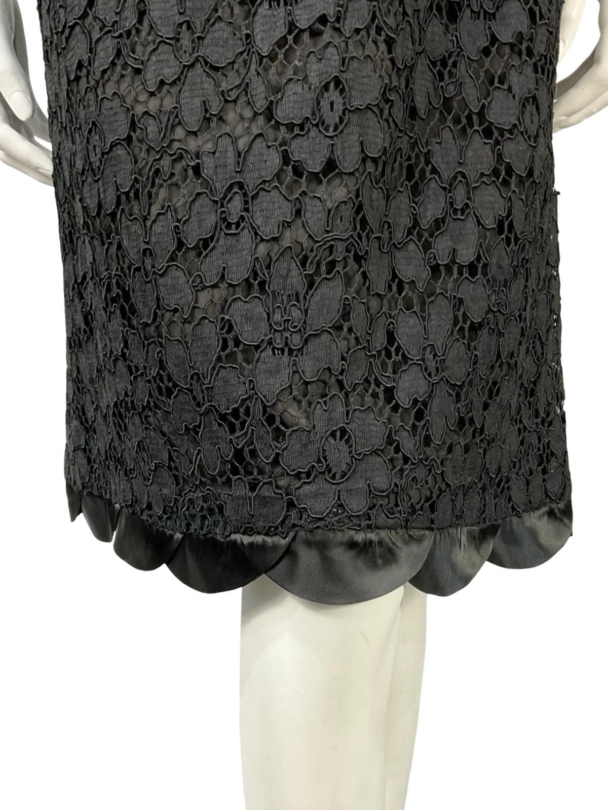 VTG 60S 70S BLACK LACE SCALLOPED BOW PLUNGING BACK PARTY MINI DRESS 12