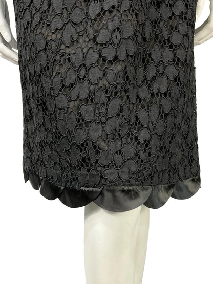 VTG 60S 70S BLACK LACE SCALLOPED BOW PLUNGING BACK PARTY MINI DRESS 12