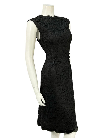 VTG 60S 70S BLACK LACE SCALLOPED BOW PLUNGING BACK PARTY MINI DRESS 12