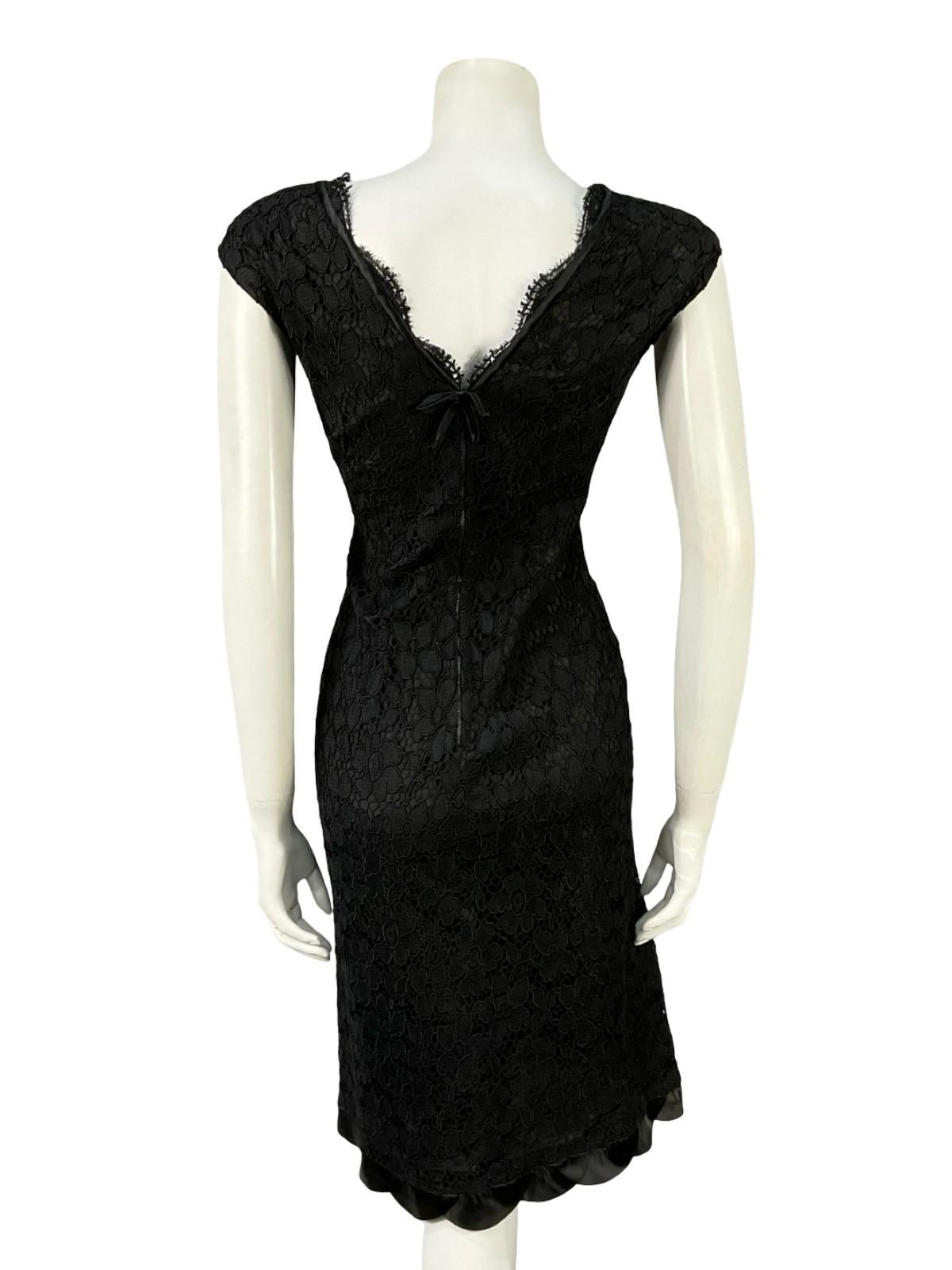 VTG 60S 70S BLACK LACE SCALLOPED BOW PLUNGING BACK PARTY MINI DRESS 12