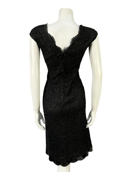 VTG 60S 70S BLACK LACE SCALLOPED BOW PLUNGING BACK PARTY MINI DRESS 12