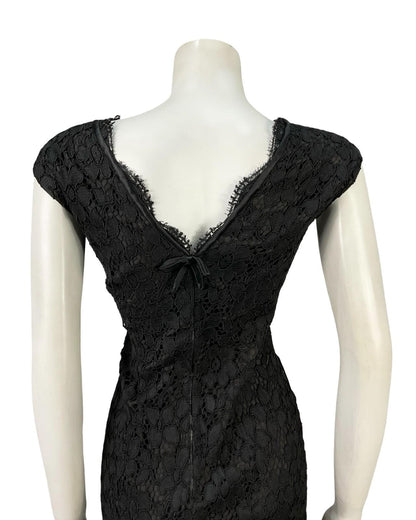 VTG 60S 70S BLACK LACE SCALLOPED BOW PLUNGING BACK PARTY MINI DRESS 12