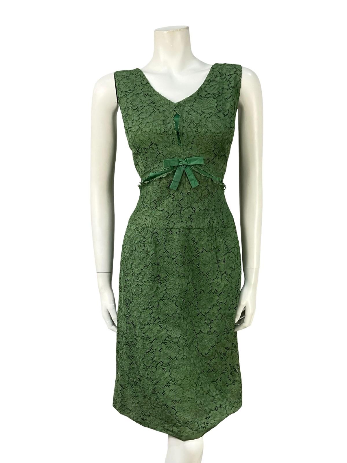 VTG 60S 70S GREEN LACE SATIN BOW EMPIRE MOD GOGO MINI PARTY FORMAL DRESS 10
