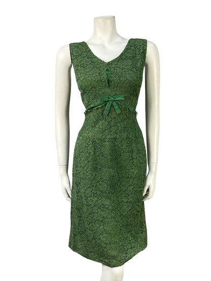 VTG 60S 70S GREEN LACE SATIN BOW EMPIRE MOD GOGO MINI PARTY FORMAL DRESS 10