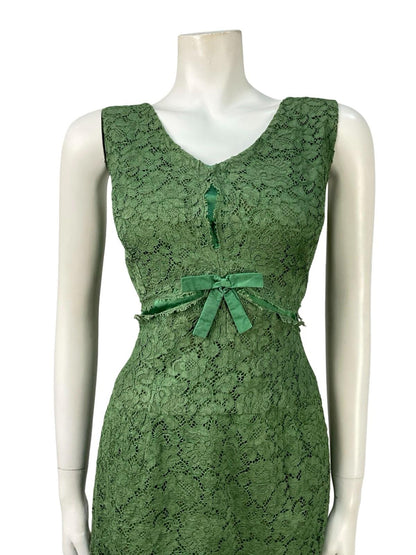 VTG 60S 70S GREEN LACE SATIN BOW EMPIRE MOD GOGO MINI PARTY FORMAL DRESS 10