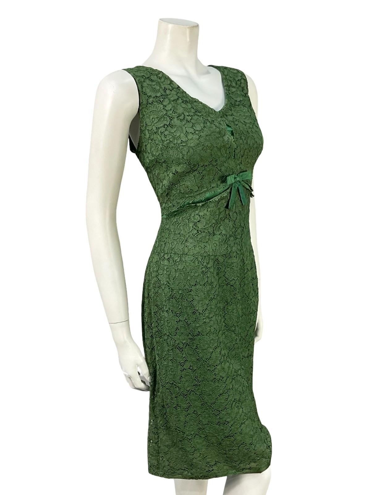 VTG 60S 70S GREEN LACE SATIN BOW EMPIRE MOD GOGO MINI PARTY FORMAL DRESS 10