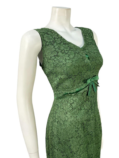 VTG 60S 70S GREEN LACE SATIN BOW EMPIRE MOD GOGO MINI PARTY FORMAL DRESS 10