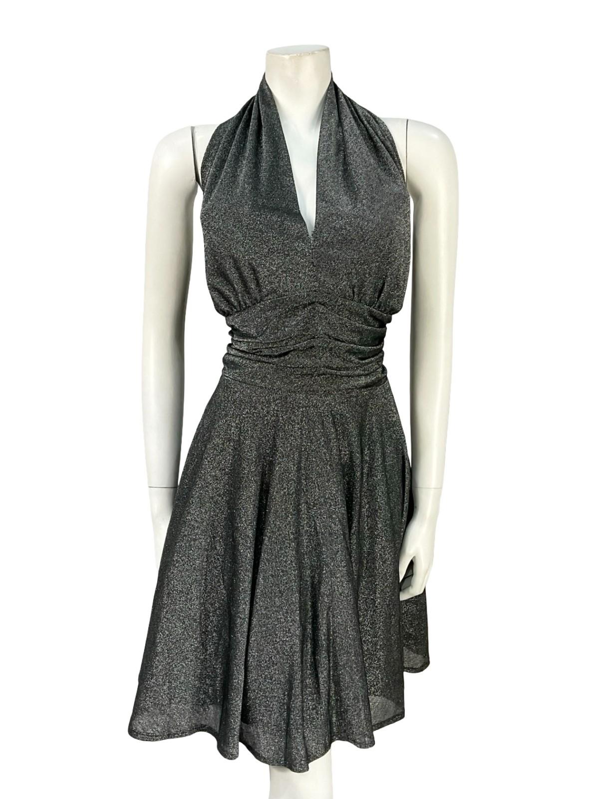 VTG JAPANESE SILVER LUREX GLITTERY HALTER NECK PARTY DISCO STUDIO 54 DRESS 16
