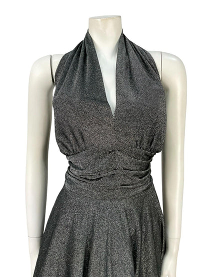 VTG JAPANESE SILVER LUREX GLITTERY HALTER NECK PARTY DISCO STUDIO 54 DRESS 16