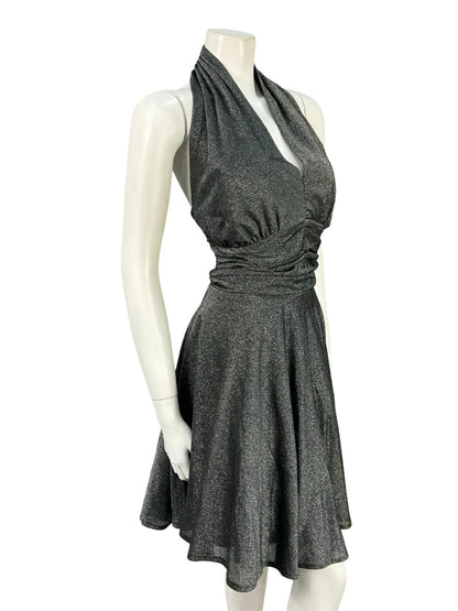 VTG JAPANESE SILVER LUREX GLITTERY HALTER NECK PARTY DISCO STUDIO 54 DRESS 16