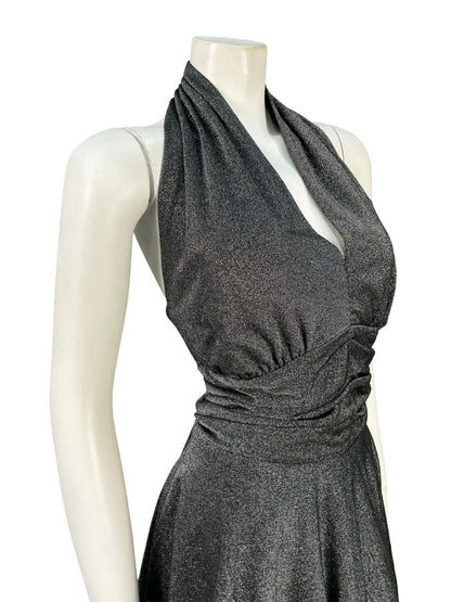 VTG JAPANESE SILVER LUREX GLITTERY HALTER NECK PARTY DISCO STUDIO 54 DRESS 16