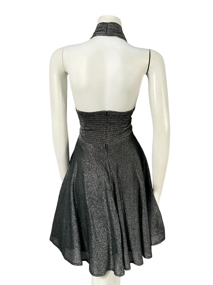 VTG JAPANESE SILVER LUREX GLITTERY HALTER NECK PARTY DISCO STUDIO 54 DRESS 16