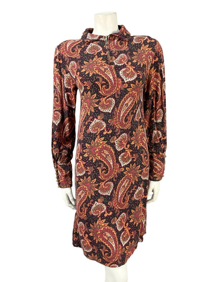 VTG 60S 70S BLACK RED BROWN WHITE ZIP PSYCHEDELIC PAISLEY SHIFT SHIRT DRESS 10