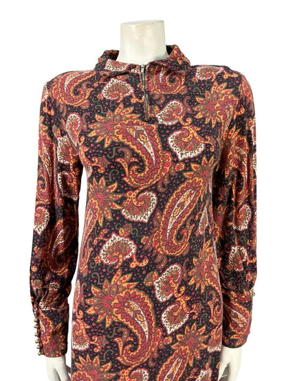 VTG 60S 70S BLACK RED BROWN WHITE ZIP PSYCHEDELIC PAISLEY SHIFT SHIRT DRESS 10