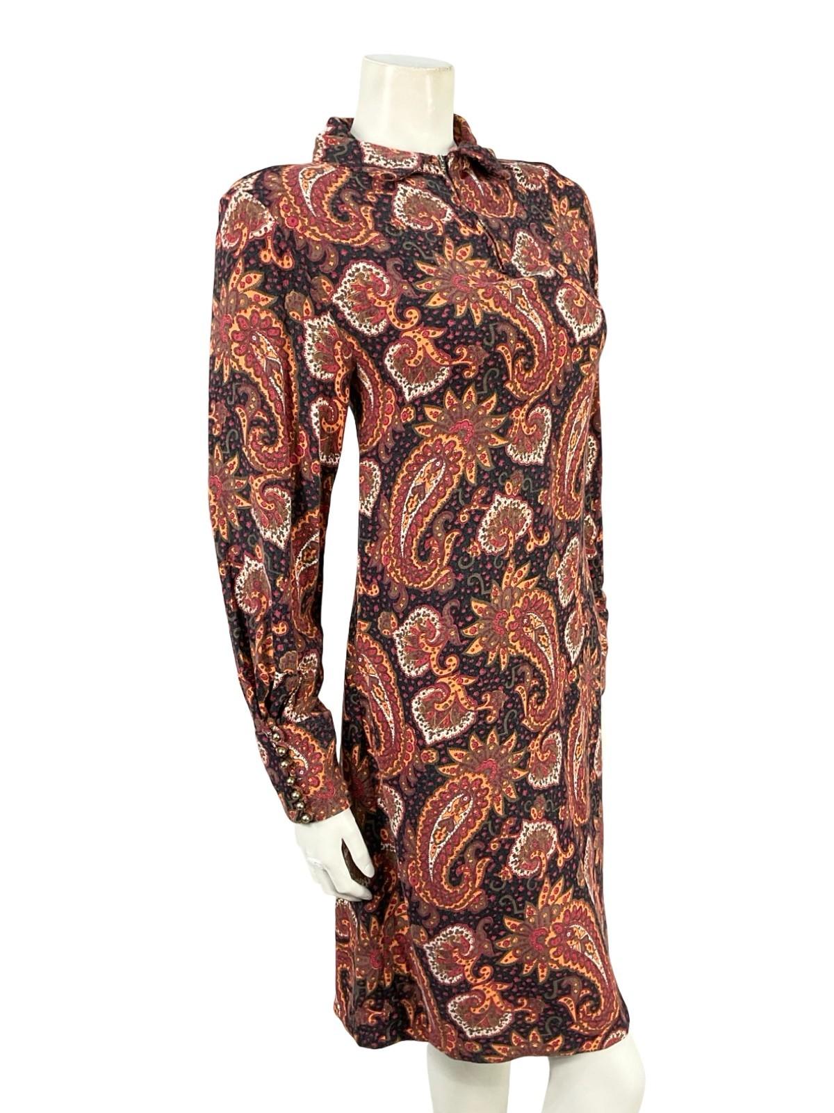 VTG 60S 70S BLACK RED BROWN WHITE ZIP PSYCHEDELIC PAISLEY SHIFT SHIRT DRESS 10