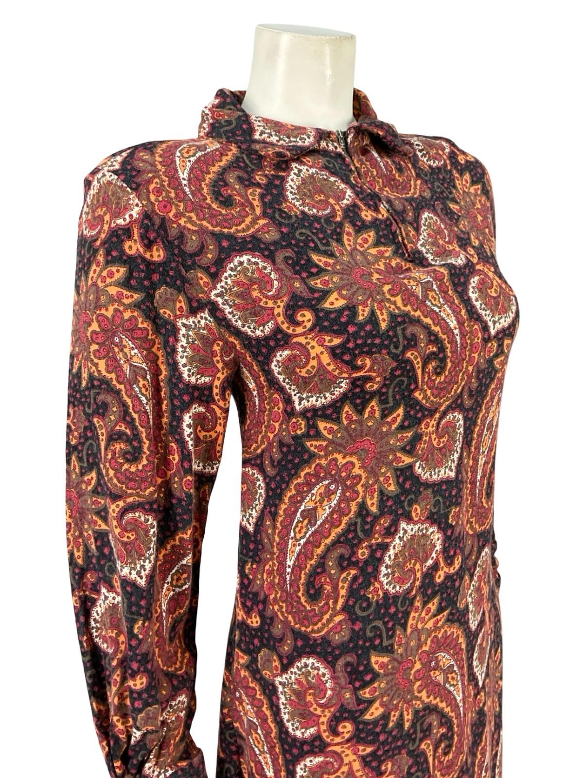 VTG 60S 70S BLACK RED BROWN WHITE ZIP PSYCHEDELIC PAISLEY SHIFT SHIRT DRESS 10