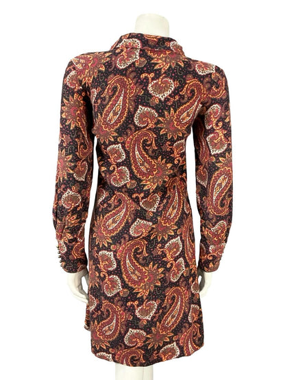 VTG 60S 70S BLACK RED BROWN WHITE ZIP PSYCHEDELIC PAISLEY SHIFT SHIRT DRESS 10