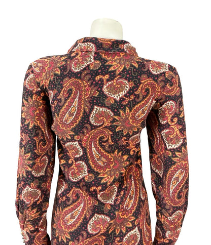 VTG 60S 70S BLACK RED BROWN WHITE ZIP PSYCHEDELIC PAISLEY SHIFT SHIRT DRESS 10