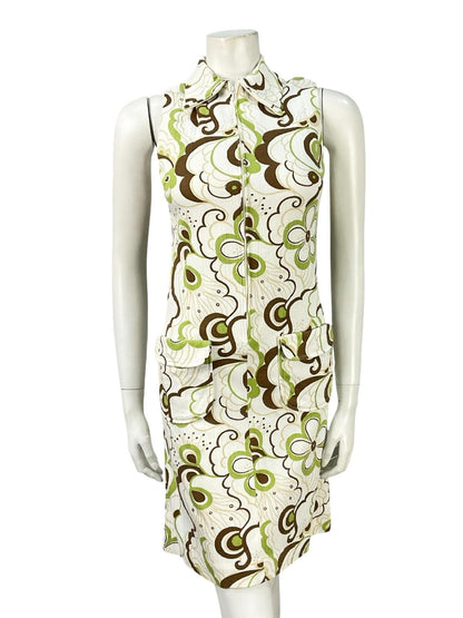 VTG 60S 70S WHITE BROWN GREEN PSYCHEDELIC FLORAL ZIP UP SHIRT MIDI DRESS 6 XS