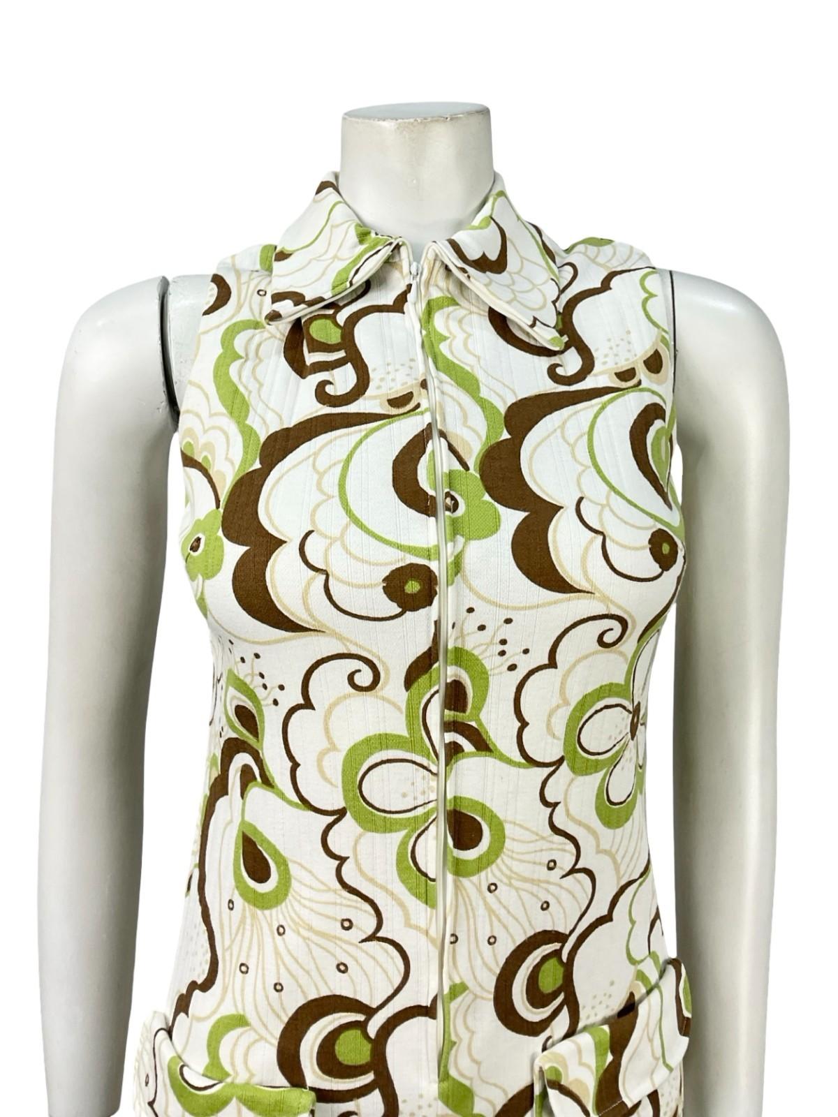 VTG 60S 70S WHITE BROWN GREEN PSYCHEDELIC FLORAL ZIP UP SHIRT MIDI DRESS 6 XS