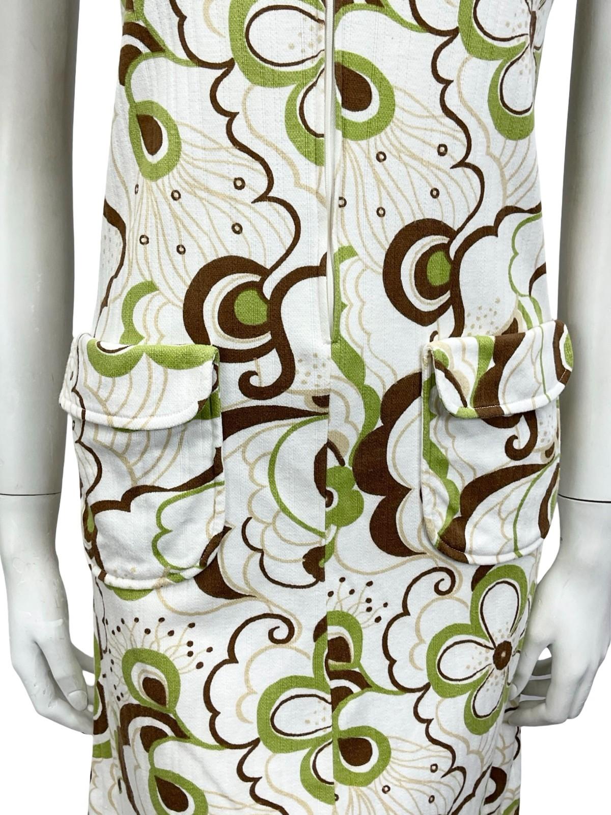 VTG 60S 70S WHITE BROWN GREEN PSYCHEDELIC FLORAL ZIP UP SHIRT MIDI DRESS 6 XS