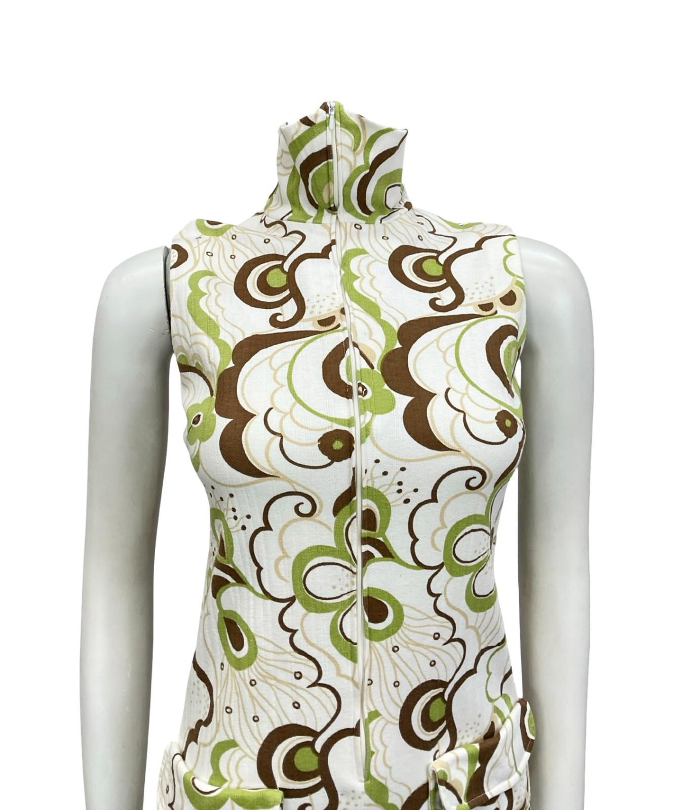 VTG 60S 70S WHITE BROWN GREEN PSYCHEDELIC FLORAL ZIP UP SHIRT MIDI DRESS 6 XS