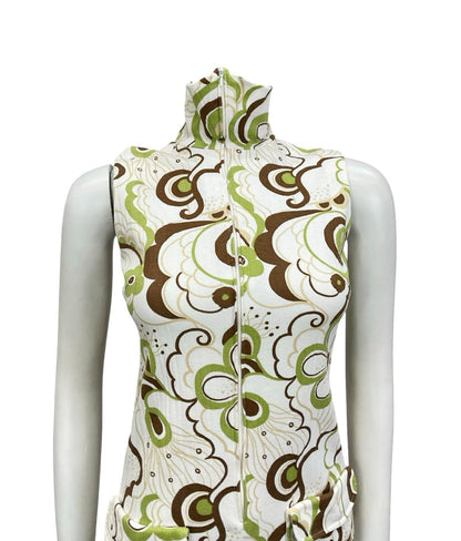 VTG 60S 70S WHITE BROWN GREEN PSYCHEDELIC FLORAL ZIP UP SHIRT MIDI DRESS 6 XS
