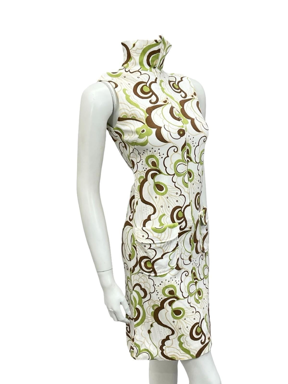 VTG 60S 70S WHITE BROWN GREEN PSYCHEDELIC FLORAL ZIP UP SHIRT MIDI DRESS 6 XS