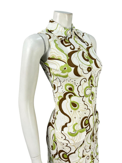 VTG 60S 70S WHITE BROWN GREEN PSYCHEDELIC FLORAL ZIP UP SHIRT MIDI DRESS 6 XS