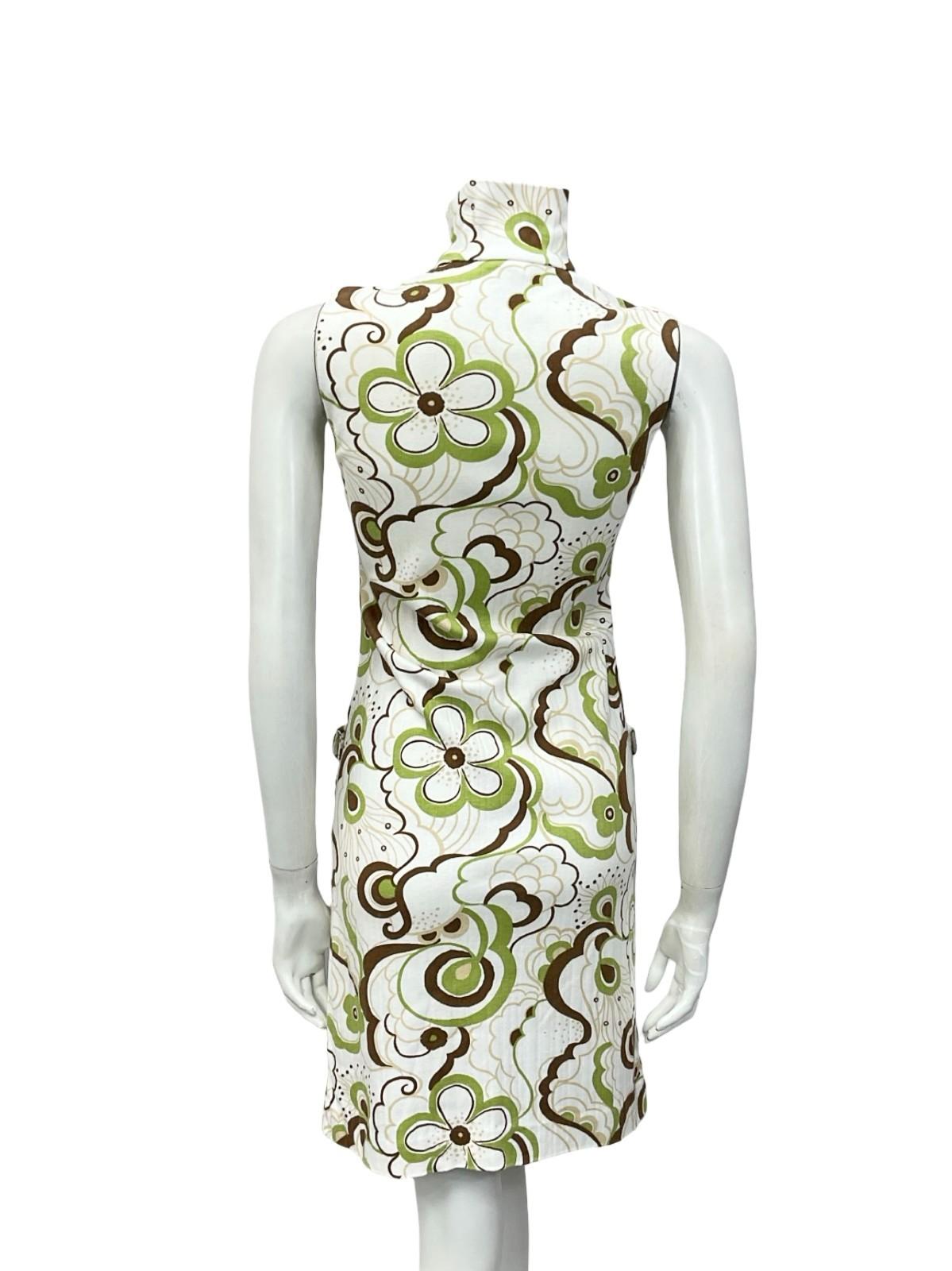 VTG 60S 70S WHITE BROWN GREEN PSYCHEDELIC FLORAL ZIP UP SHIRT MIDI DRESS 6 XS