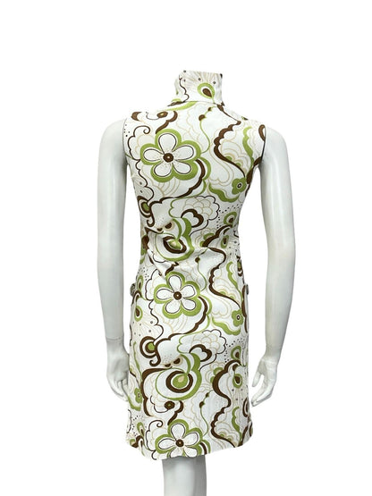 VTG 60S 70S WHITE BROWN GREEN PSYCHEDELIC FLORAL ZIP UP SHIRT MIDI DRESS 6 XS