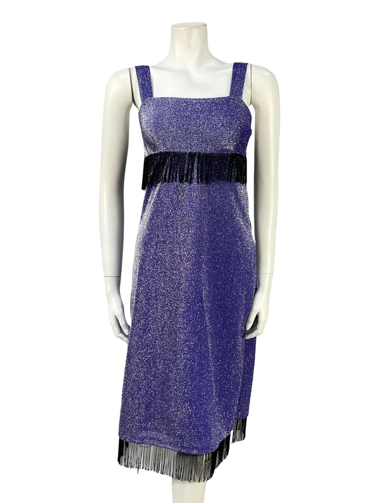 VTG 60S 70S PURPLE SILVER BLACK LUREX STUDIO 54 PARTY FRINGE SHIFT DRESS 4 6