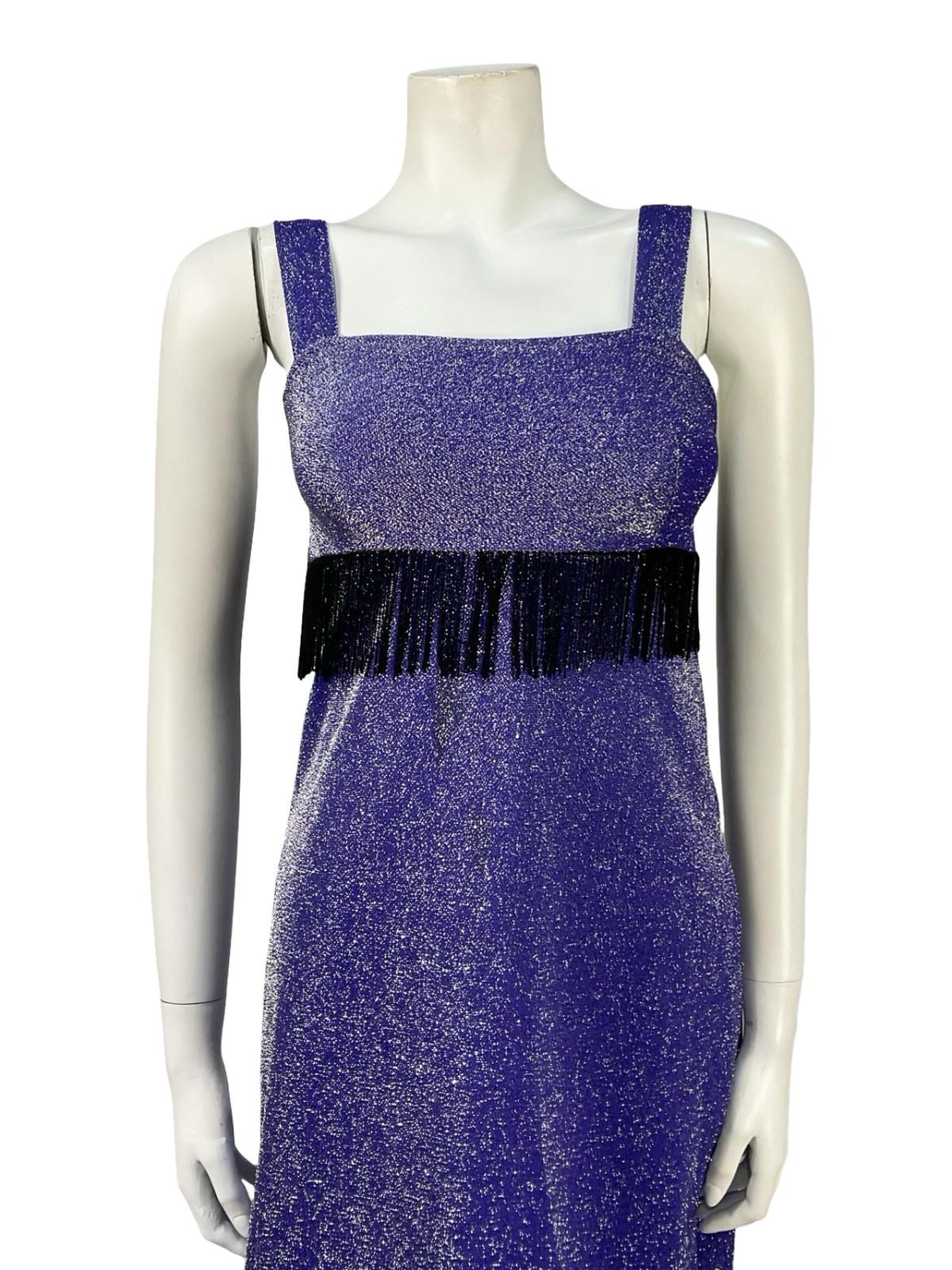 VTG 60S 70S PURPLE SILVER BLACK LUREX STUDIO 54 PARTY FRINGE SHIFT DRESS 4 6