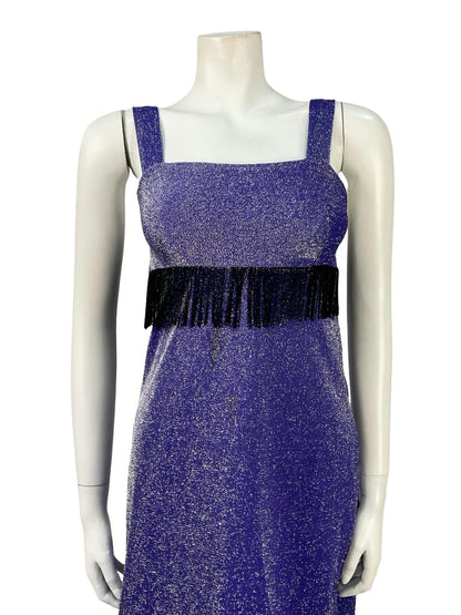 VTG 60S 70S PURPLE SILVER BLACK LUREX STUDIO 54 PARTY FRINGE SHIFT DRESS 4 6