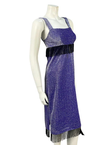 VTG 60S 70S PURPLE SILVER BLACK LUREX STUDIO 54 PARTY FRINGE SHIFT DRESS 4 6