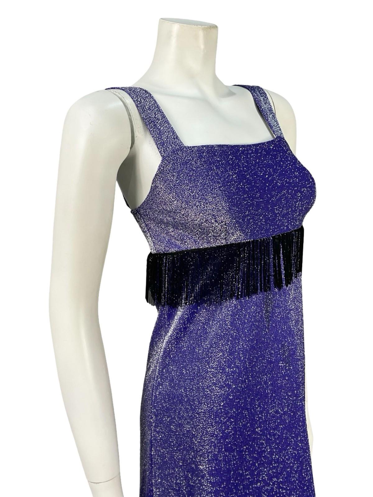 VTG 60S 70S PURPLE SILVER BLACK LUREX STUDIO 54 PARTY FRINGE SHIFT DRESS 4 6