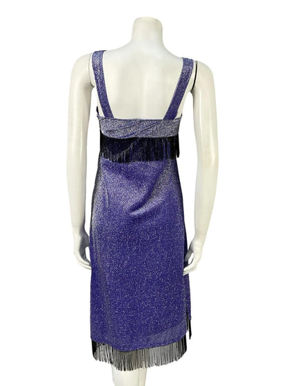 VTG 60S 70S PURPLE SILVER BLACK LUREX STUDIO 54 PARTY FRINGE SHIFT DRESS 4 6