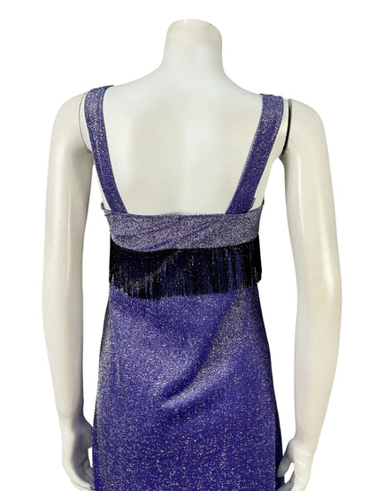 VTG 60S 70S PURPLE SILVER BLACK LUREX STUDIO 54 PARTY FRINGE SHIFT DRESS 4 6