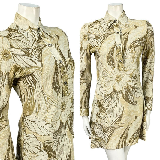 Mannequin wears a vintage 60s 70s beige and gold floral lurex long sleeve tunic shirt / super mini dress. 