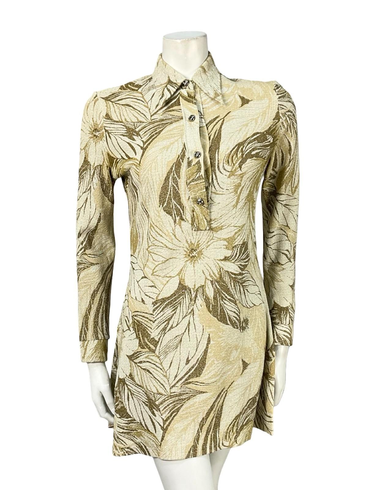 VTG 60S 70S BEIGE WHITE BROWN FLORAL LUREX DAGGER SHIRT MINI DRESS TUNIC TOP 8