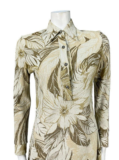 VTG 60S 70S BEIGE WHITE BROWN FLORAL LUREX DAGGER SHIRT MINI DRESS TUNIC TOP 8