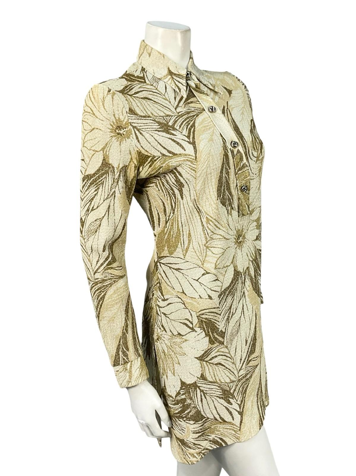 VTG 60S 70S BEIGE WHITE BROWN FLORAL LUREX DAGGER SHIRT MINI DRESS TUNIC TOP 8