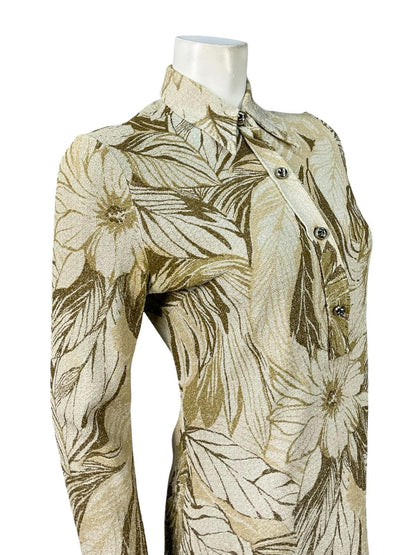 VTG 60S 70S BEIGE WHITE BROWN FLORAL LUREX DAGGER SHIRT MINI DRESS TUNIC TOP 8