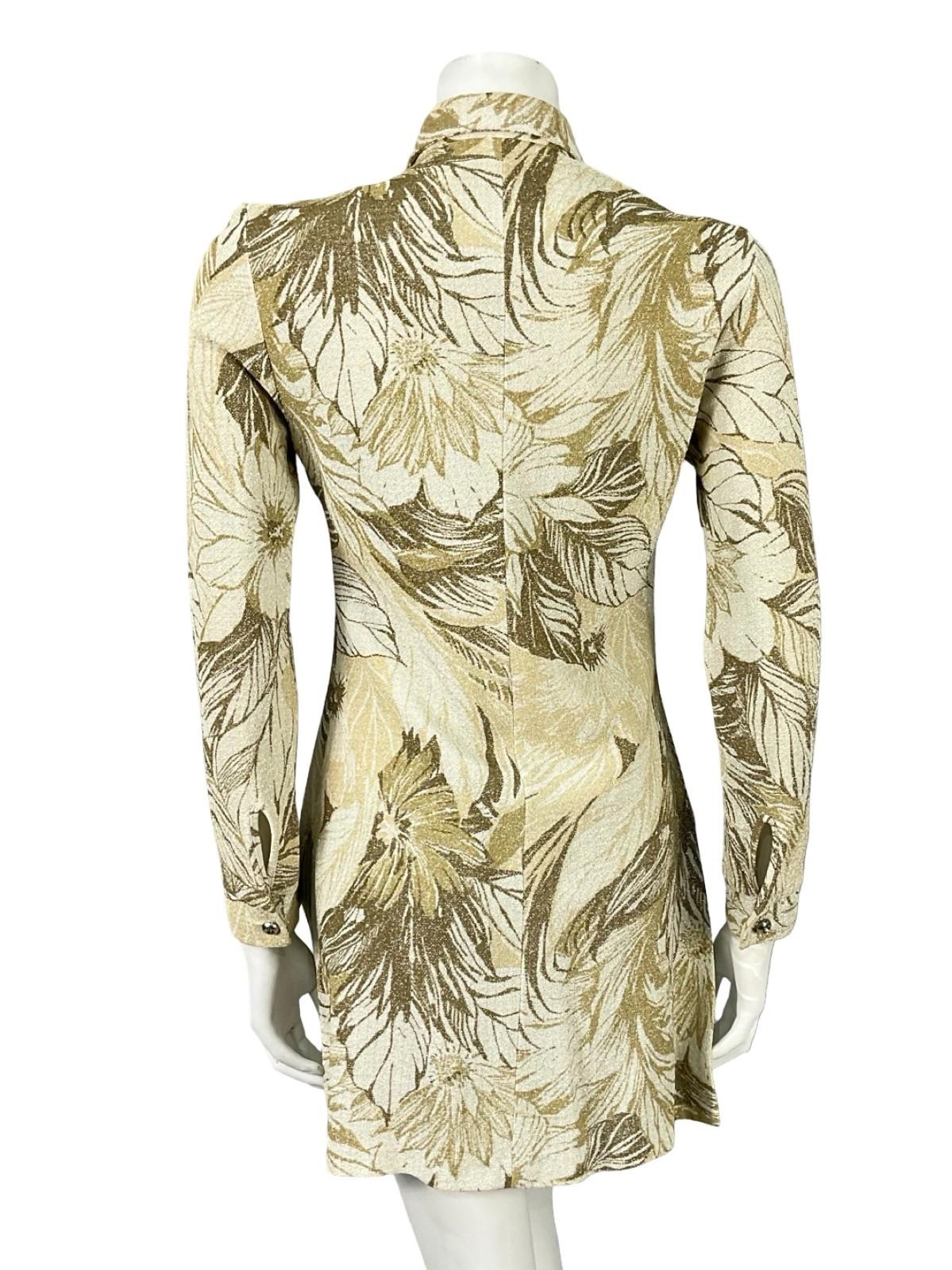 VTG 60S 70S BEIGE WHITE BROWN FLORAL LUREX DAGGER SHIRT MINI DRESS TUNIC TOP 8